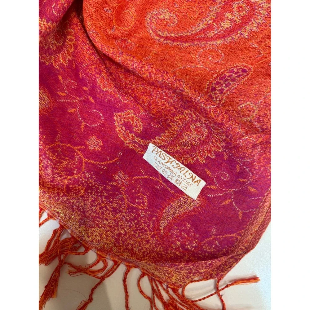 Pashmina‎ Silk Blend Paisley Scarf Wrap Orange Pink Magenta Fringe Shawl